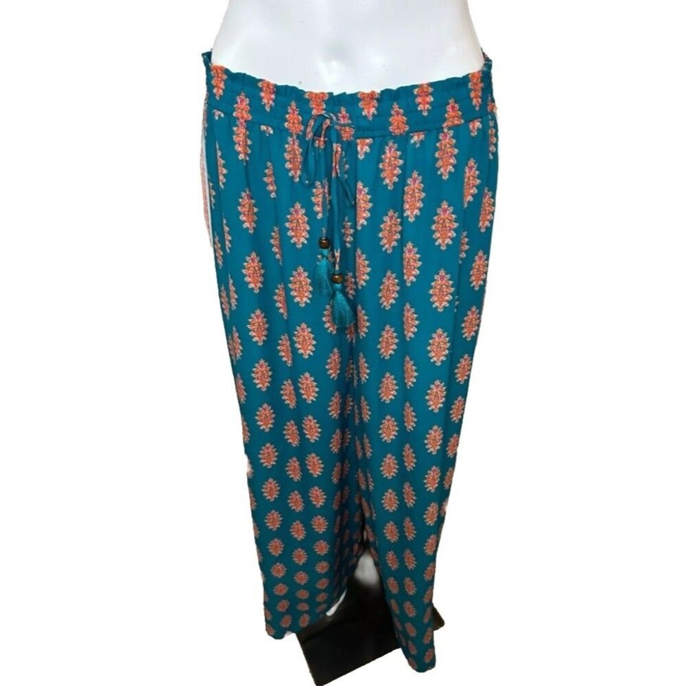 Women's Pants Size Large Palazzo Wide Leg Pockets Boho Colorful Lightweight